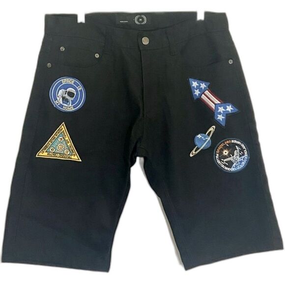 Finest Thread Luxury Goods-Black Shorts with Space Theme Patches - size 38 NWOT - Picture 1 of 12